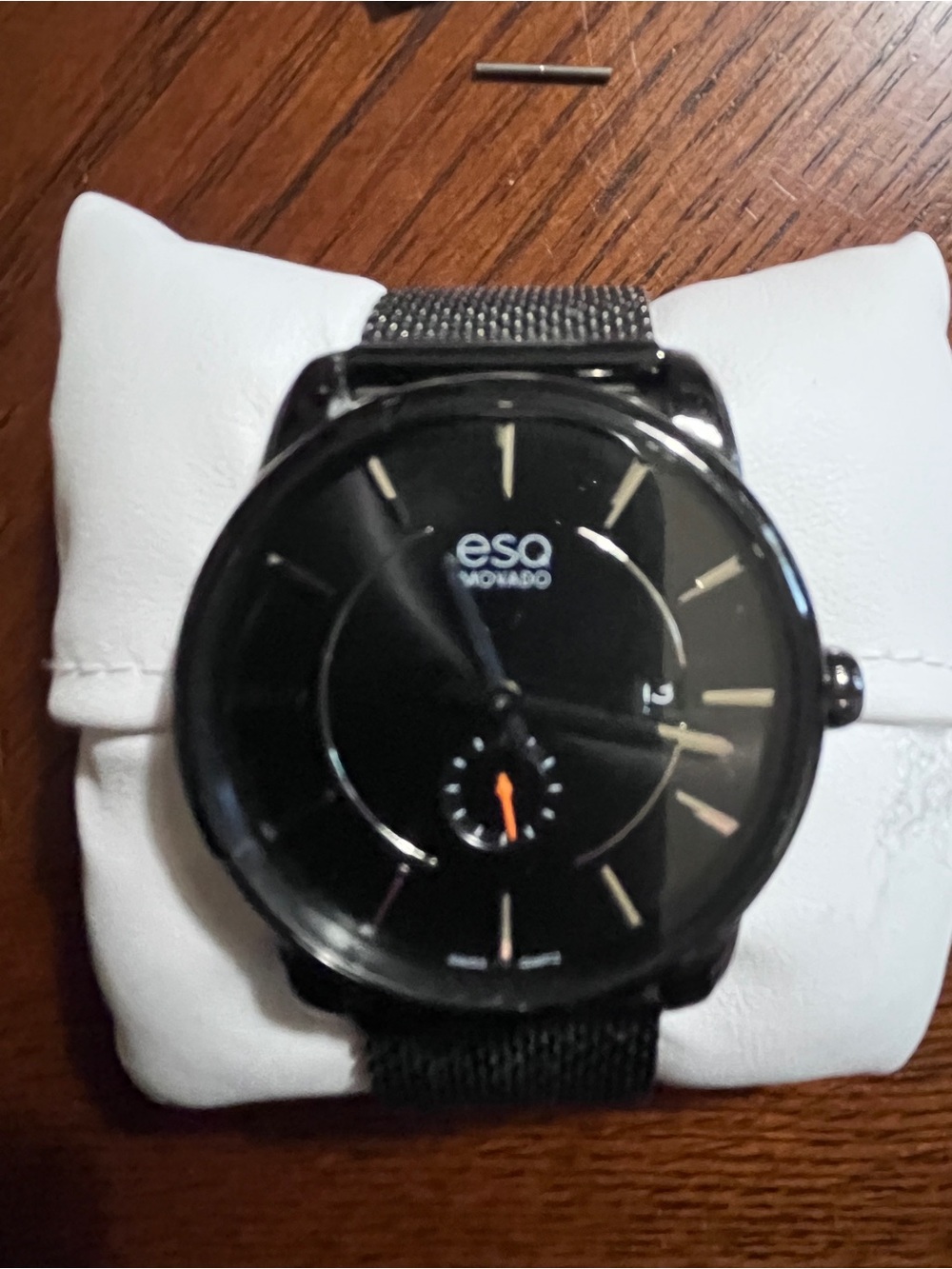 Movado Black Dial Watch with Black Mesh Strap and Orange Accent